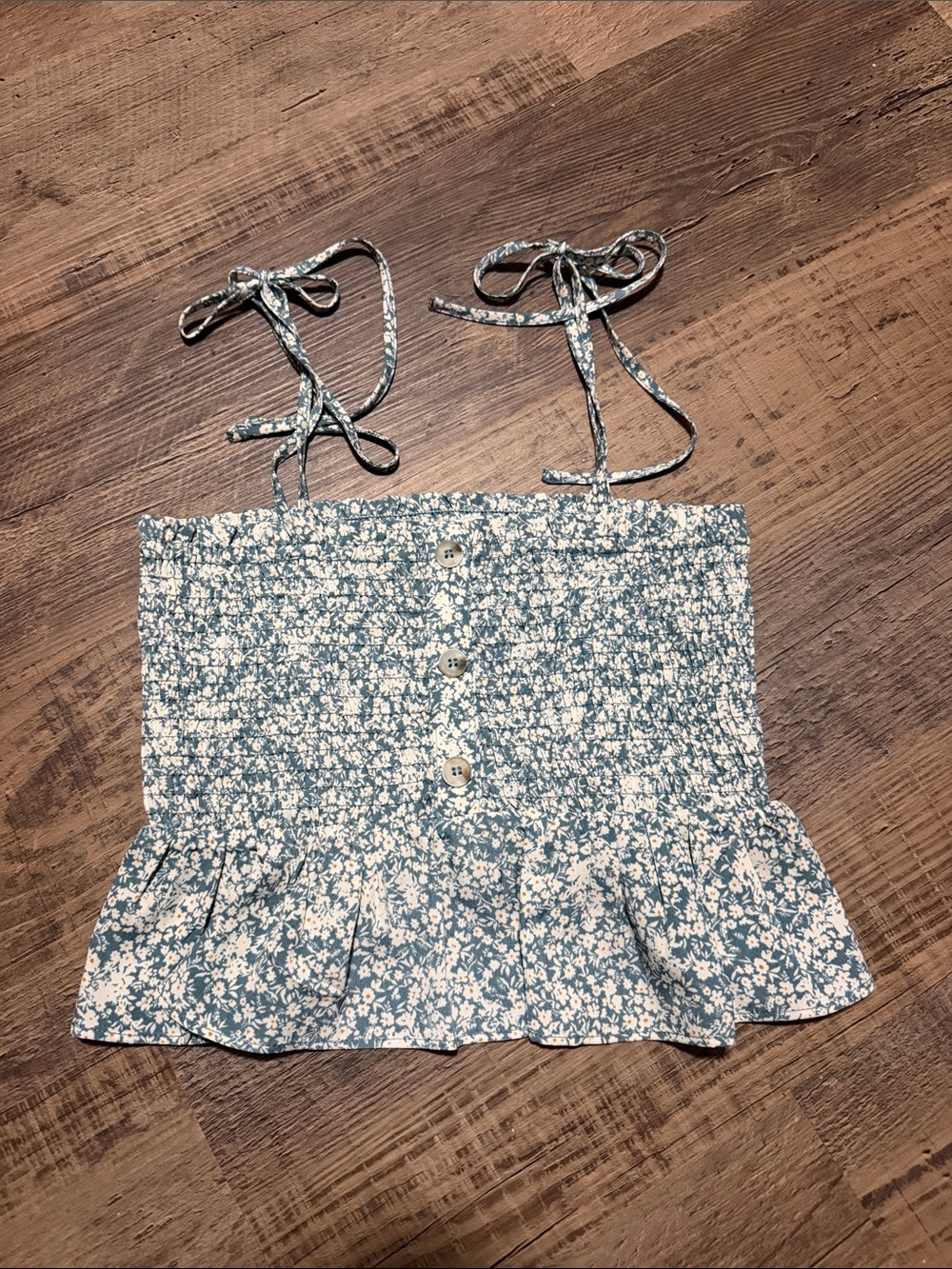 Paper Crane Blue and White Floral Smocked Tie-Strap Crop Top and matching skirt